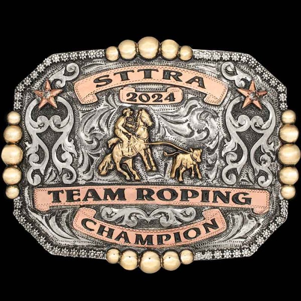 The Glendale Custom Belt Buckle is built to show off your western style featuring bronze beads and copper banners for your lettering. Customize this buckle now!